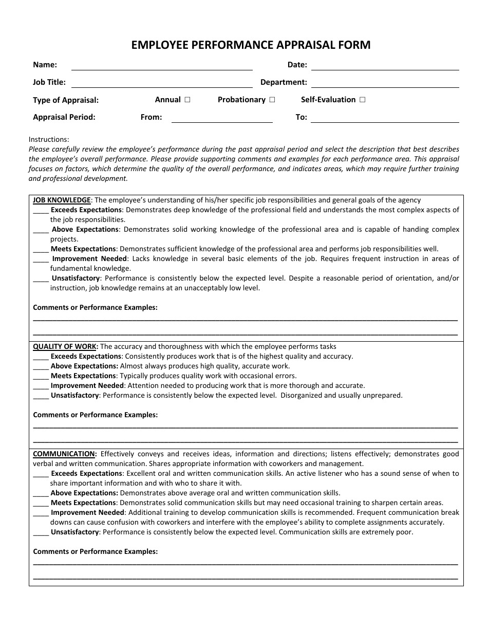 Employee Performance Appraisal Form Download Printable PDF