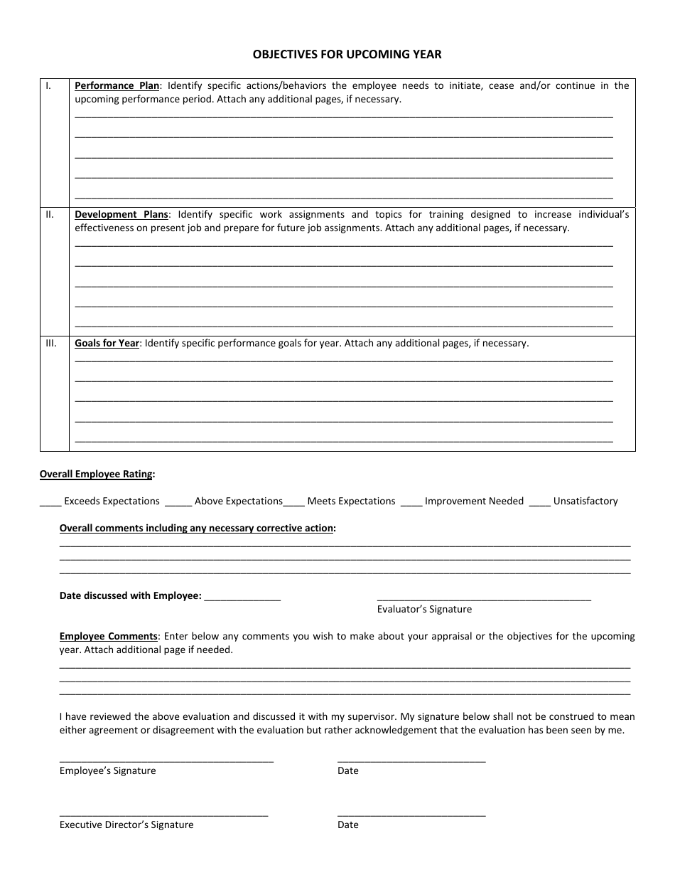 Employee Performance Appraisal Form - Objectives for Upcoming Year ...