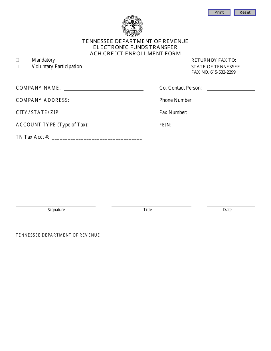 Electronic Funds Transfer ACH Credit Enrollment Form - Tennessee, Page 1