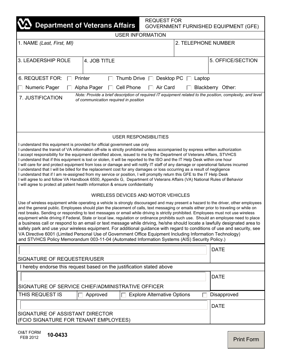 OIT Form 10-0433 Request for Government Furnished Equipment (GFE), Page 1