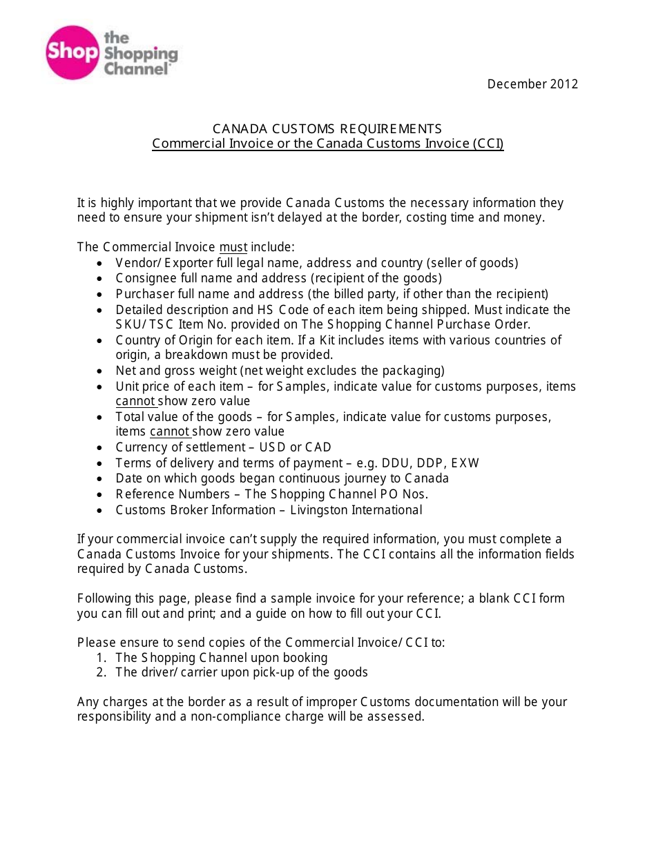 Form CL1 Canada Customs Invoice Filing Packet - the Shopping Channel - Canada, Page 1
