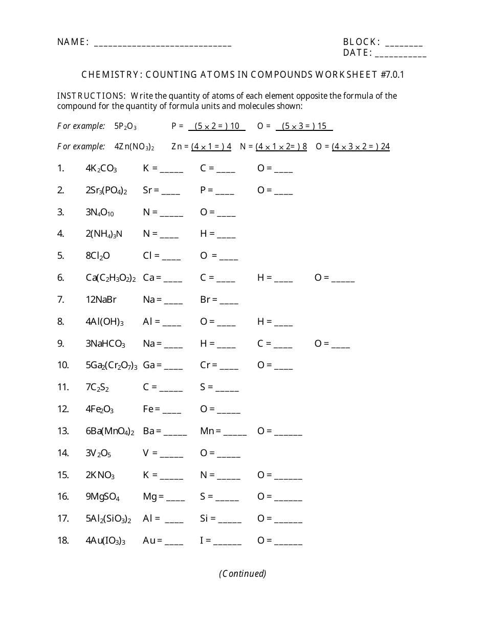 Counting Atoms in Compounds Chemistry Worksheet - West Linn Pertaining To Counting Atoms Worksheet Answer Key