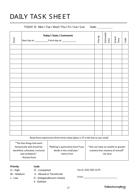 Daily Task Sheet Template