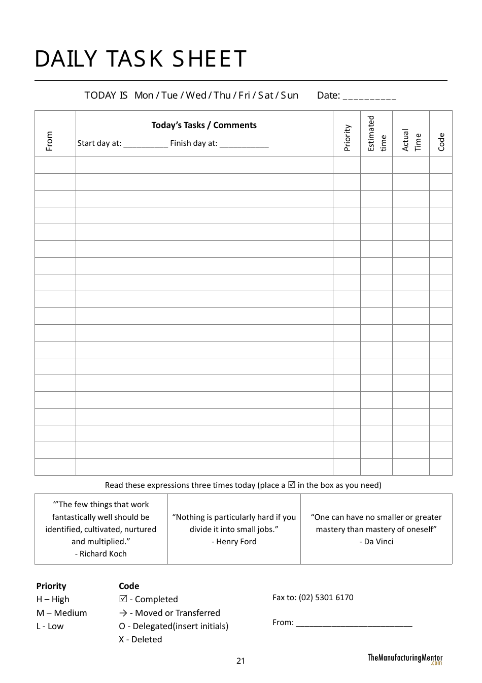 Daily Task Sheet Template