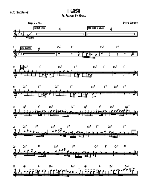 Stevie Wonder - I Wish (As Played by Najee) Alto Sax Sheet Music Preview Image