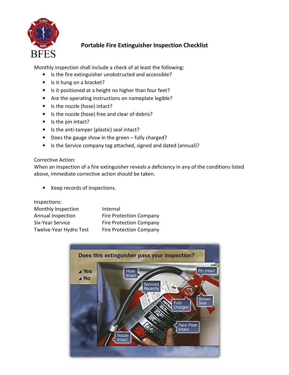 Portable Fire Extinguisher Inspection  Monthly Record Form - City of Brandon, Manitoba, Canada, Page 1