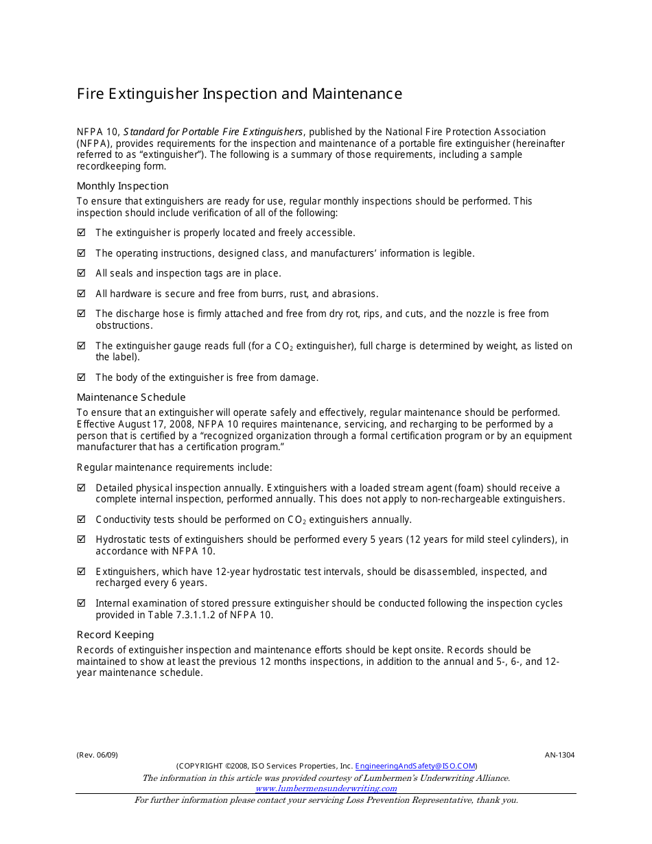 Fire Extinguisher Inspection Record Form - Iso Services Properties, Page 1