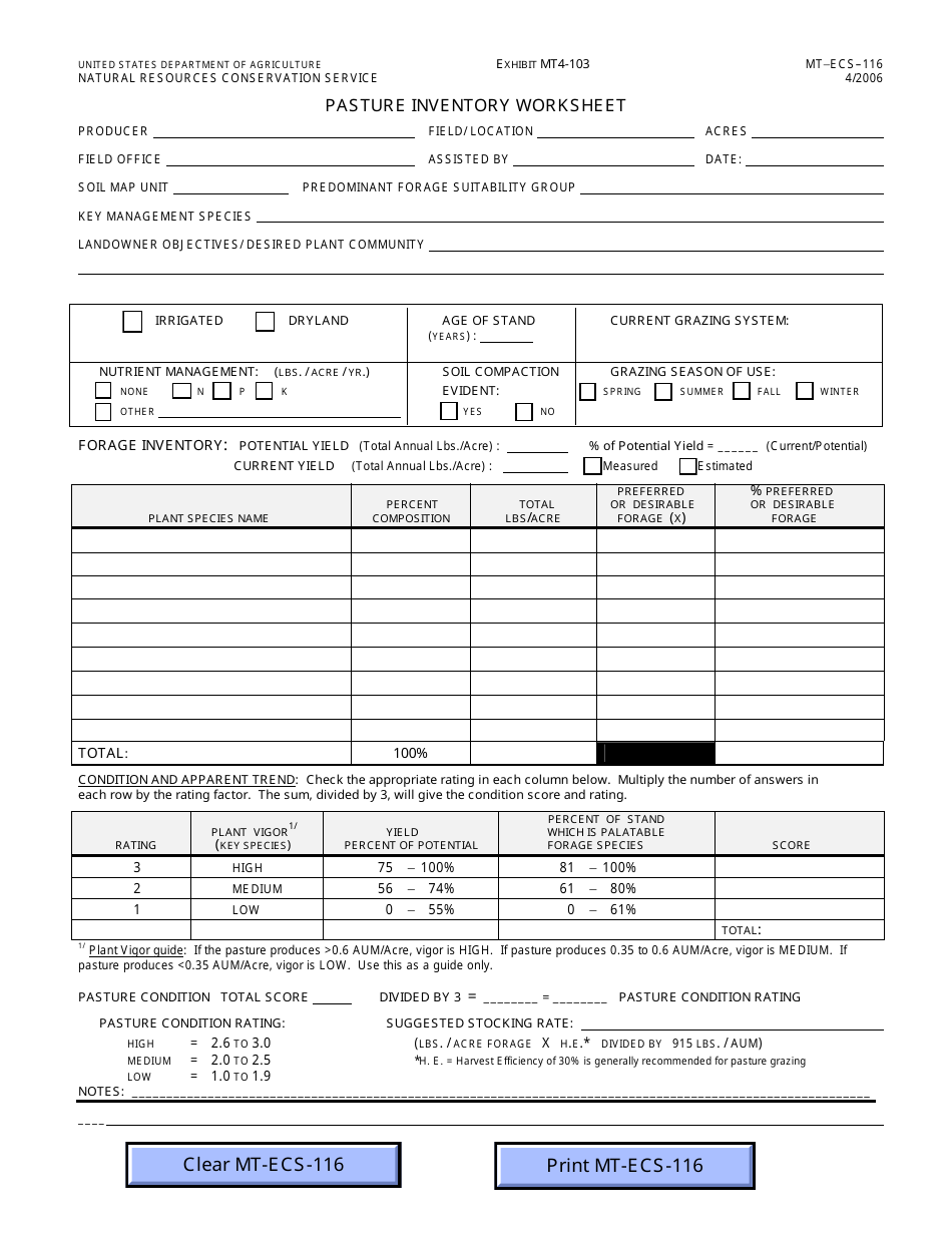 Form MT-ECS-116 Pasture Inventory Worksheet, Page 1