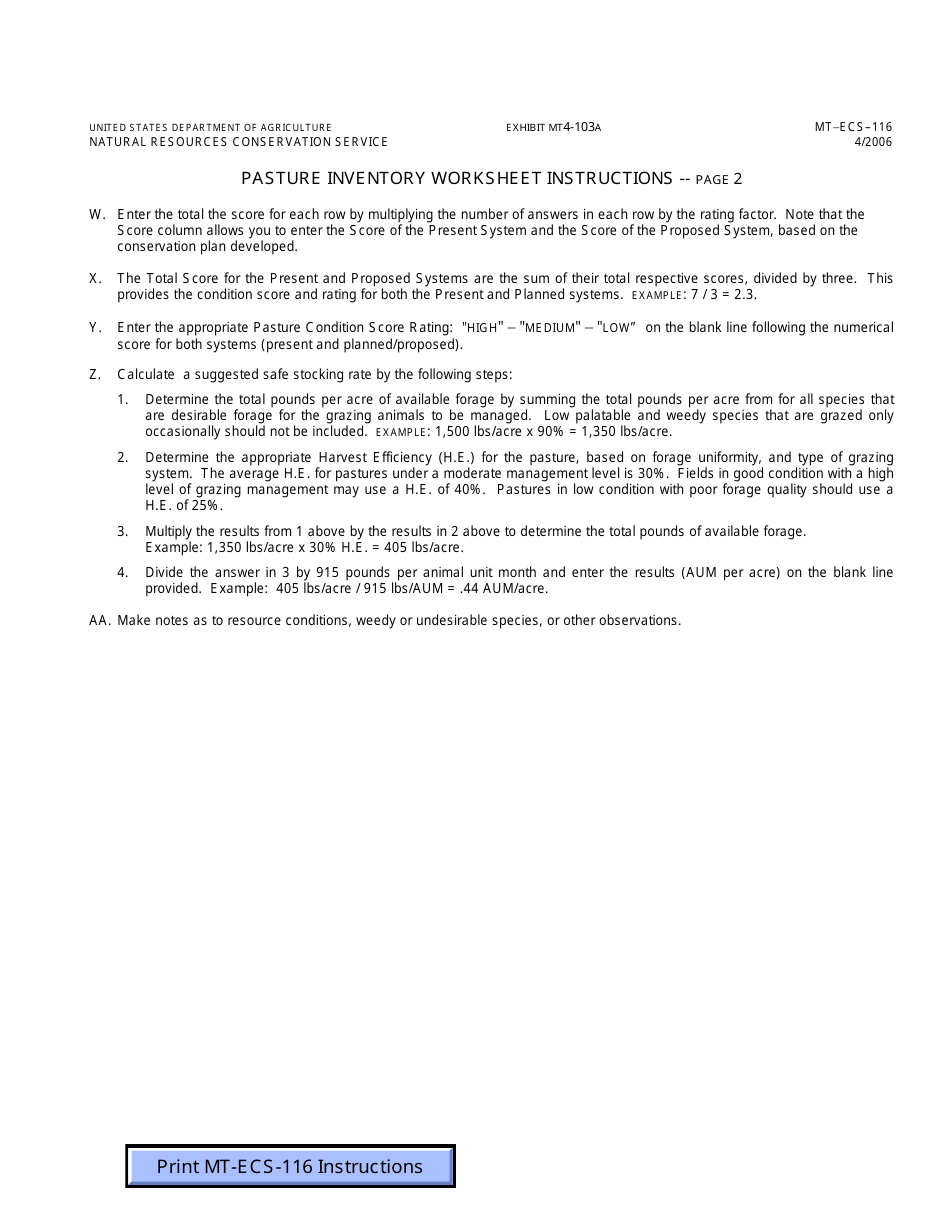 Form MT-ECS-116 Pasture Inventory Worksheet, Page 3