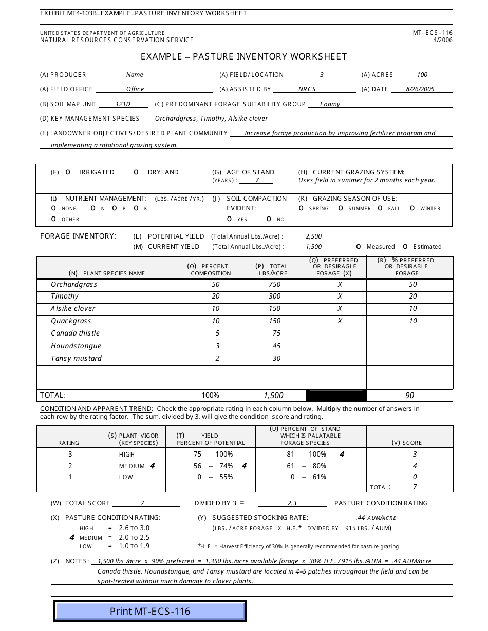 Form MT-ECS-116 Pasture Inventory Worksheet, Page 4