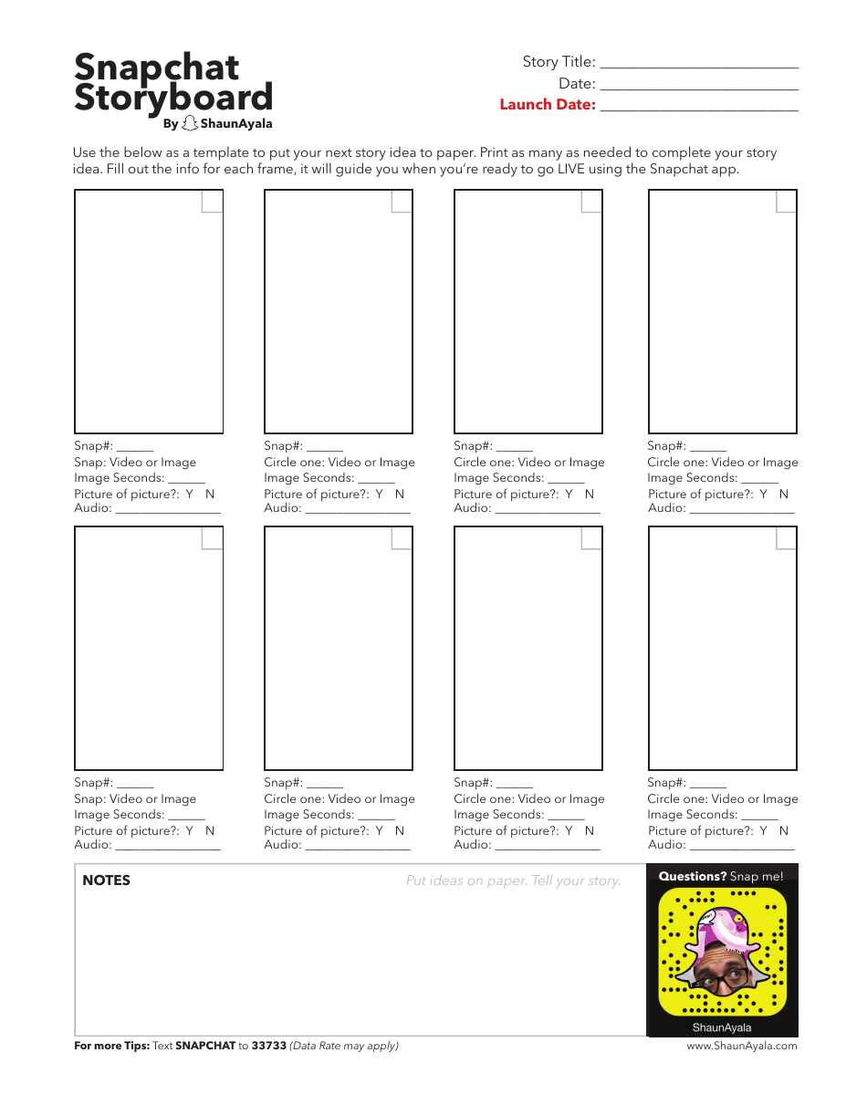 Snapchat Storyboard Template - Visual map for plotting a storyline on Snapchat |