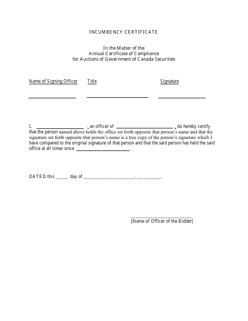 Incumbency Certificate - Canada Download Pdf