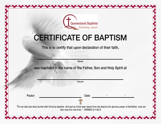 Document preview: Certificate of Baptism Template - Queensland Baptists