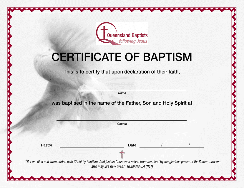 Certificate of Baptism Template - Queensland Baptists