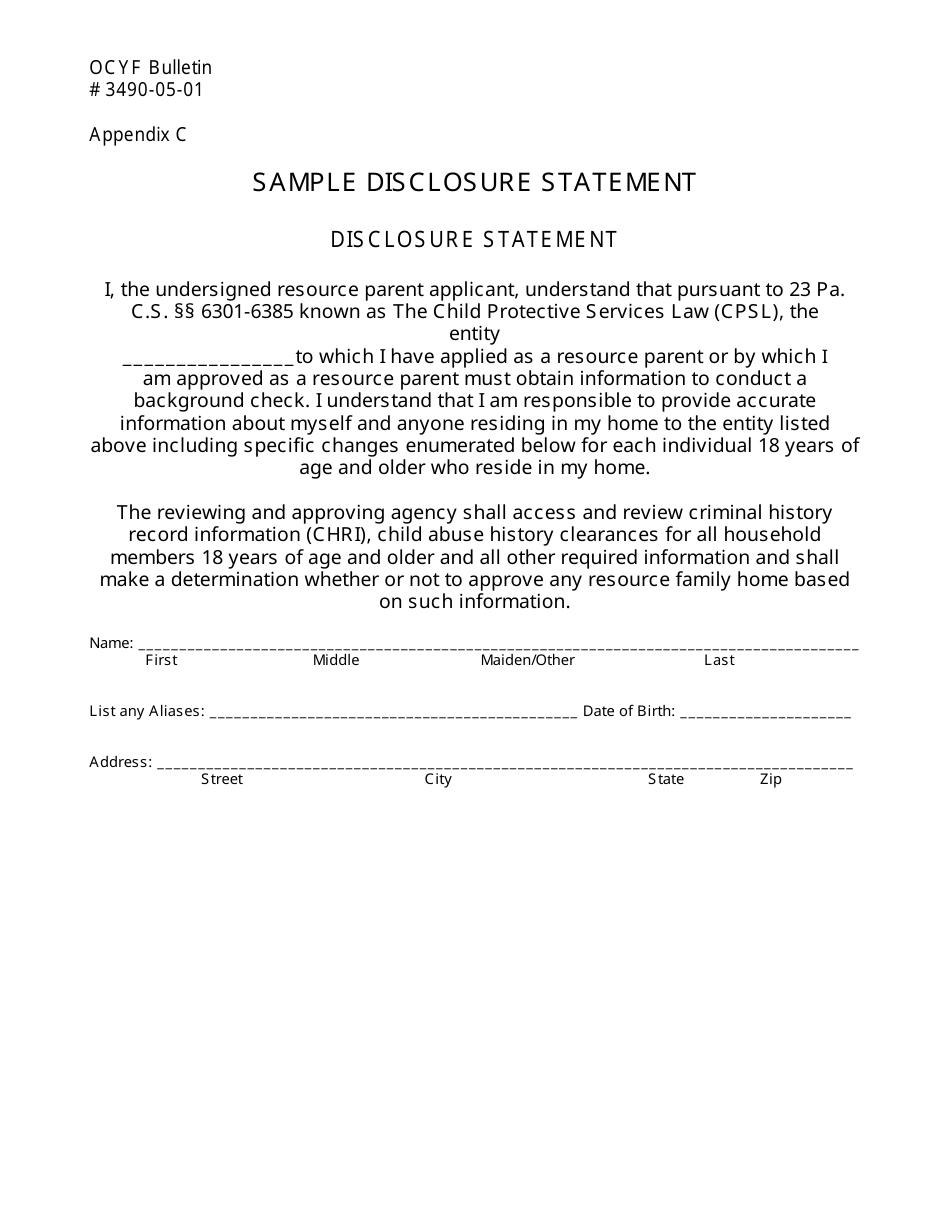 Appendix C Disclosure Statement Form - Pennsylvania, Page 1