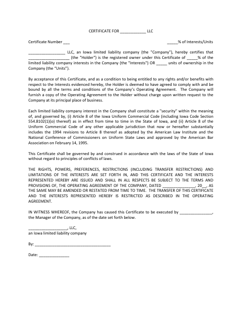 LLC Certificate Template - Iowa