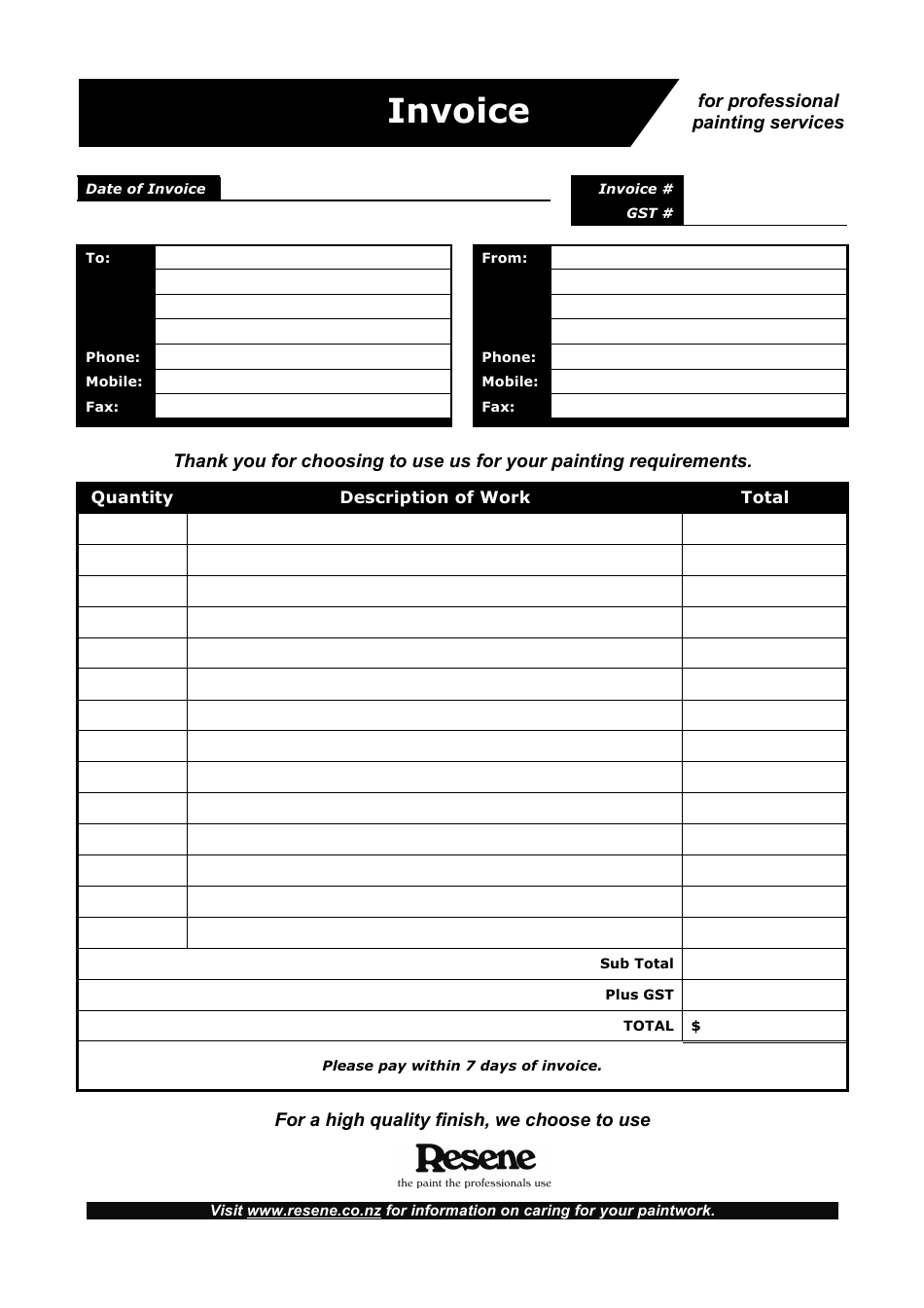 Professional Painting Services Invoice Template - Resene, Page 1