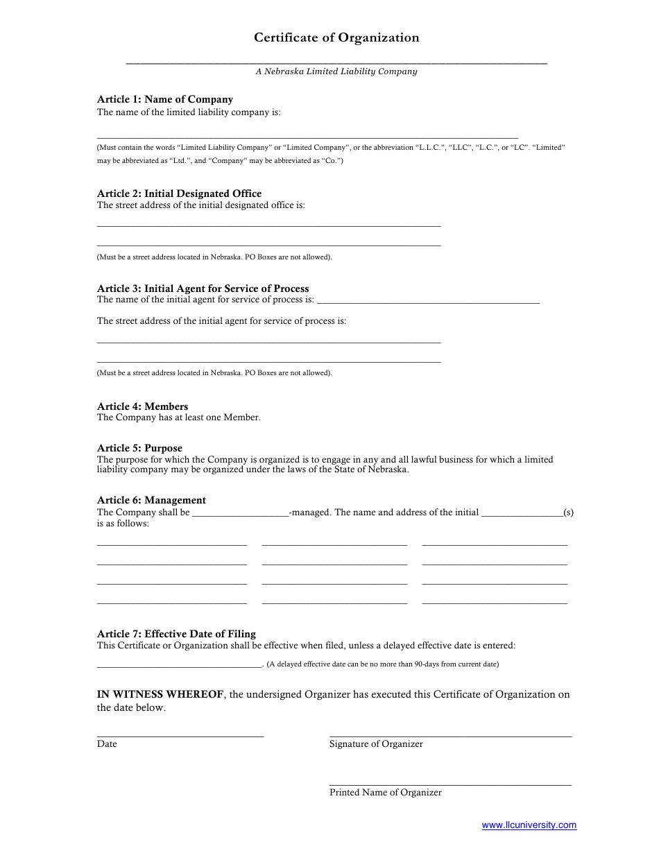Certificate of Organization - Nebraska Limited Liability Company - LLC University - Nebraska, Page 1