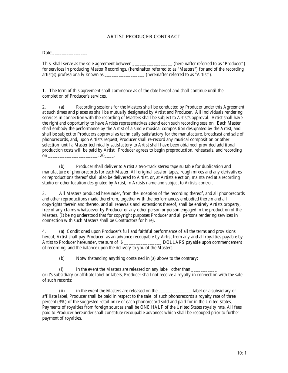 Artist Producer Contract Template, Page 1