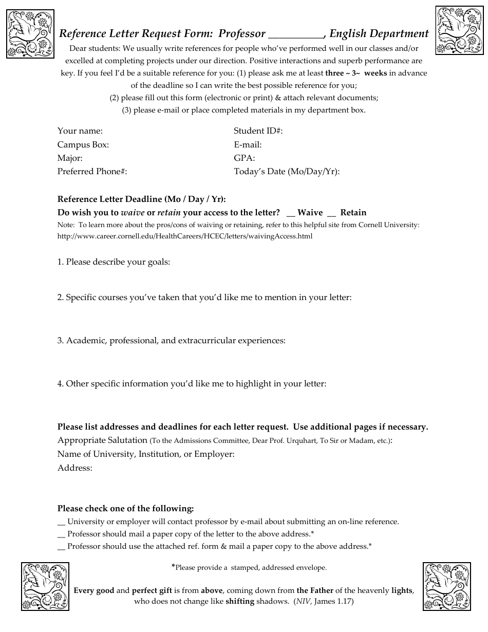 Reference Letter Request Form - Cornell University, Page 1