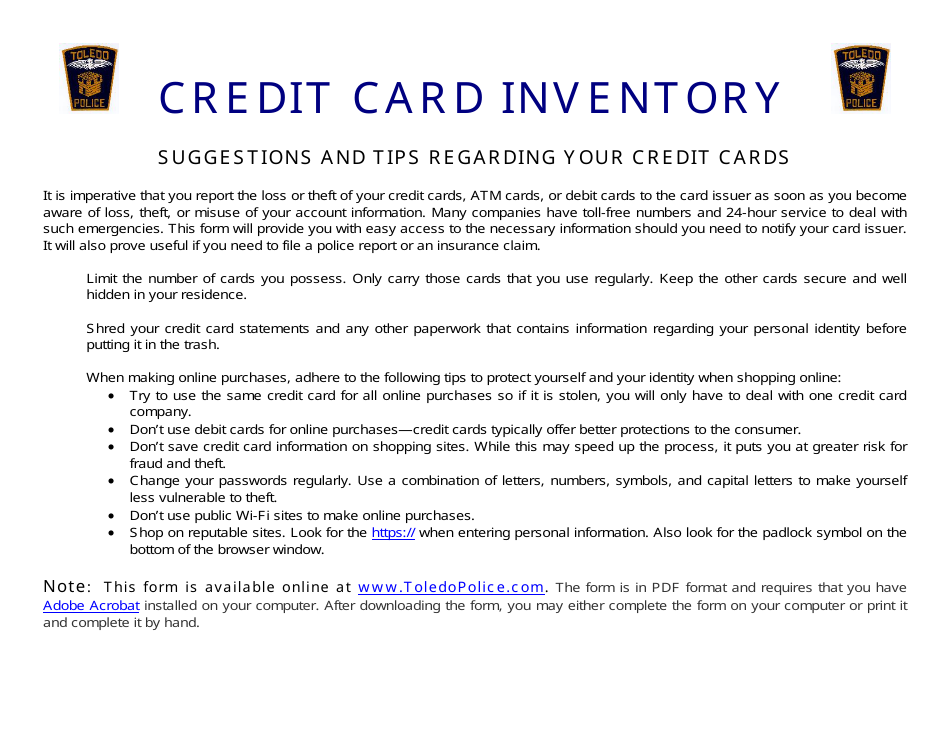 Toledo, Ohio Credit Card Inventory Form - Fill Out, Sign Online and ...