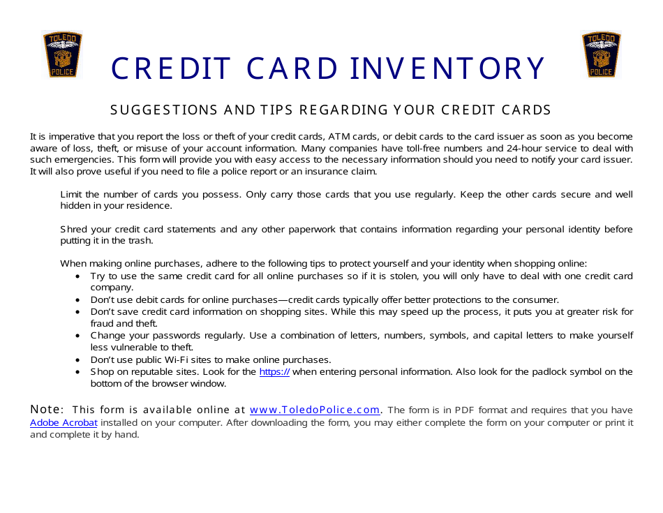 Credit Card Inventory Form - Toledo, Ohio, Page 1