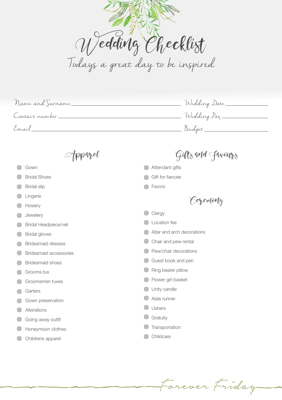 Wedding Day Checklist Template - Forever Friday, Page 1