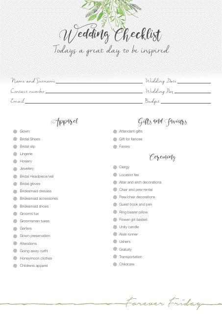 Wedding Day Checklist Template - Forever Friday Download Pdf