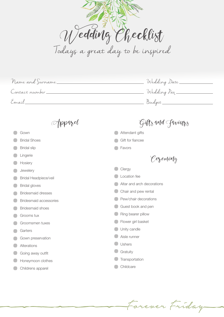 wedding day checklist template forever friday download printable pdf