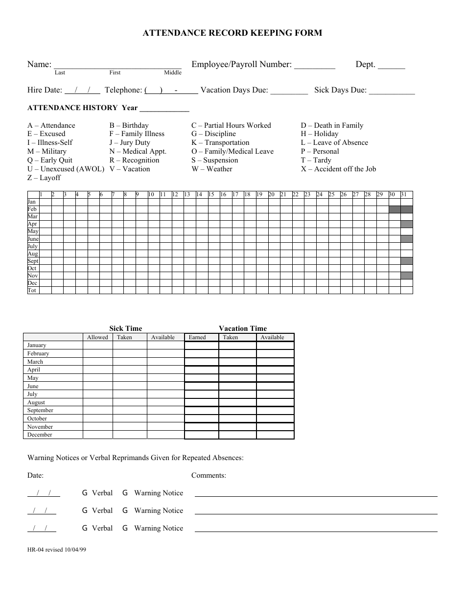Attendance Record Keeping Form, Page 1