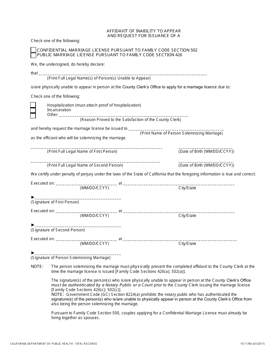 Form VS117BE Affidavit of Inability to Appear and Request for Issuance of a Confidential Marriage License Pursuant to Family Code Section 502 / Public Marriage License Pursuant to Family Code Section 426 - California, Page 1