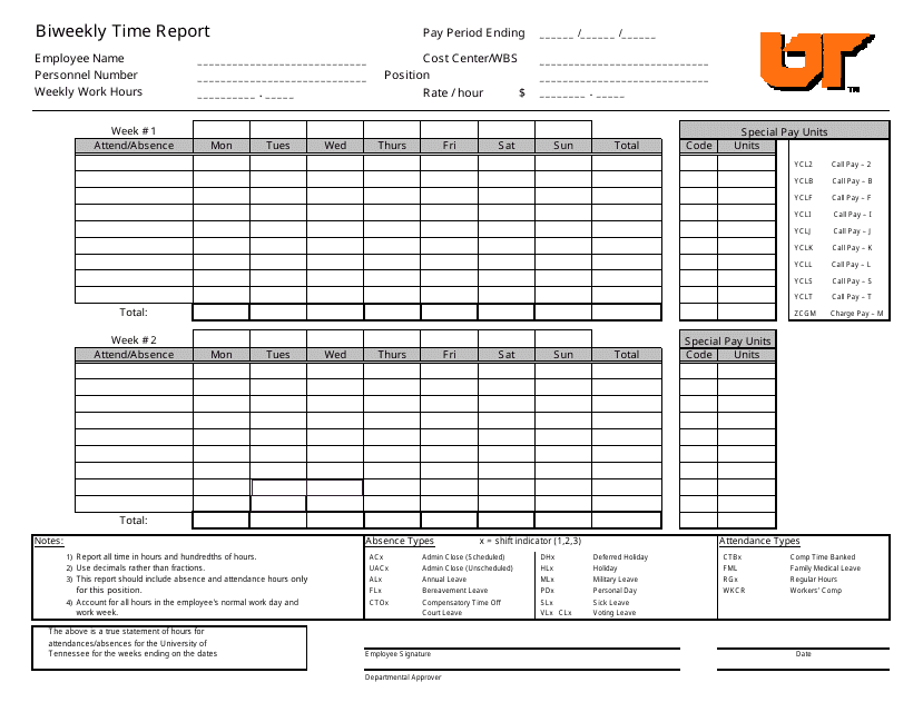 Biweekly Time Report Form - University of Tennessee Download Pdf