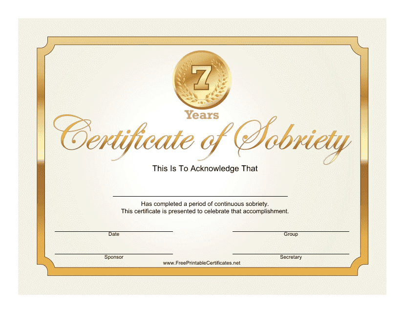 Golden 7 Years Sobriety Certificate Template - Free downloadable certificate template for celebrating 7 years of sobriety. Perfect for showcasing and honoring the accomplishment of maintaining sobriety for seven years.