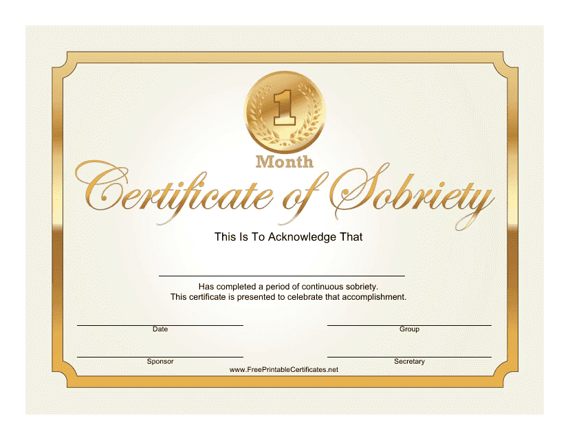 1 Month Gold Certificate of Sobriety Template