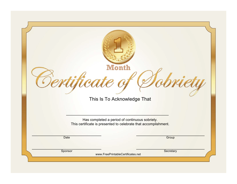1 Month Gold Certificate of Sobriety Template - Celebrate Your Milestone with a Beautifully Designed Certificate