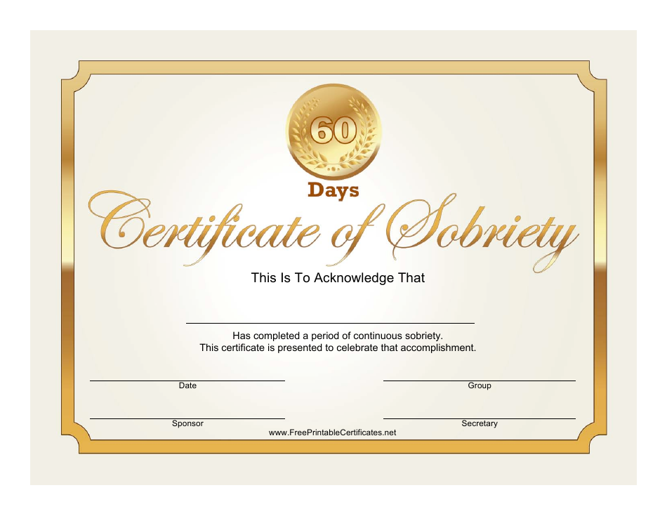 Golden 60 Days Sobriety Certificate Template - Premium Design