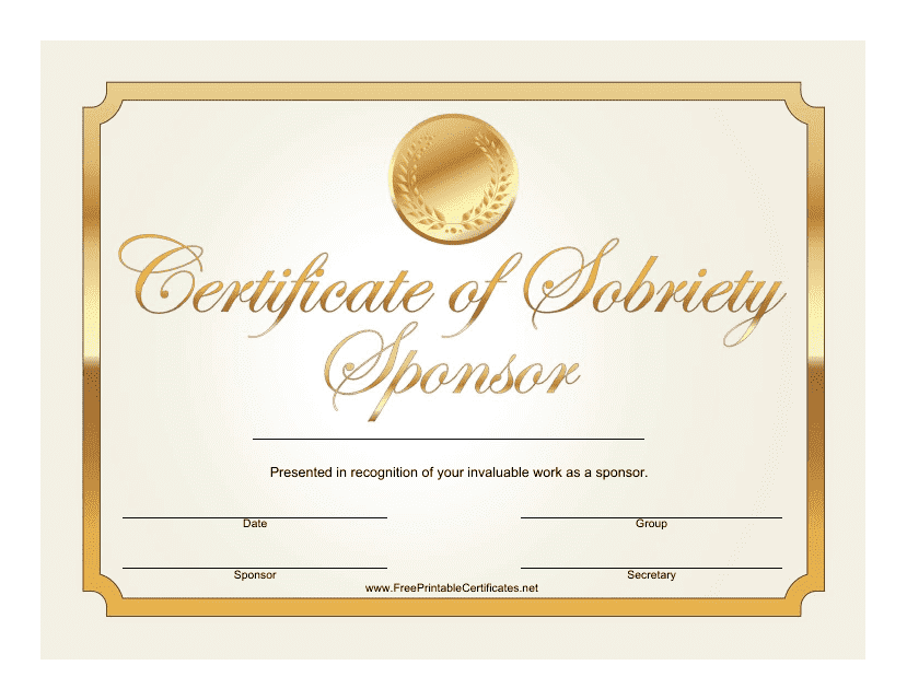 Golden Sponsor Certificate of Sobriety Template