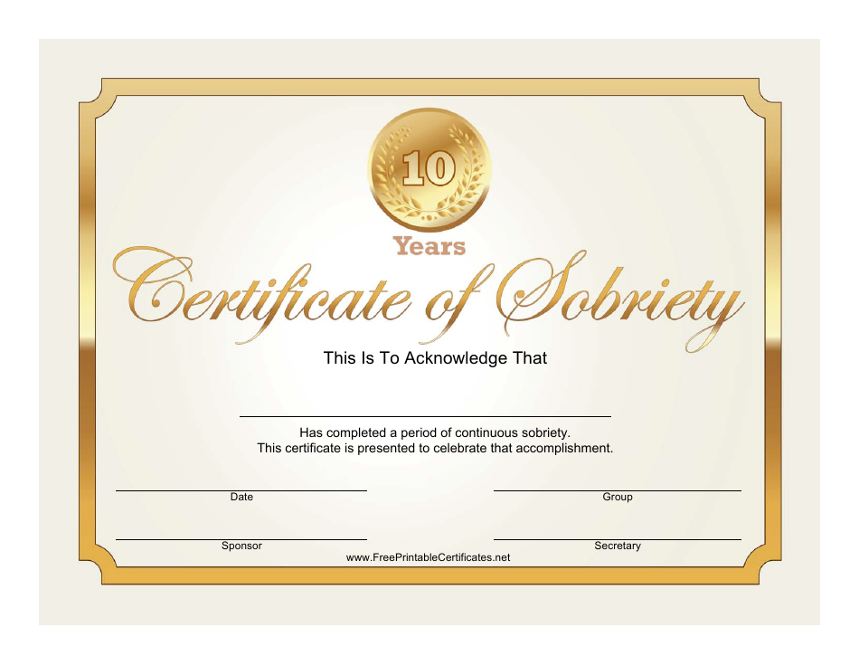 Gold Certificate of Sobriety Template - A polished and elegant design to celebrate 10 years of sobriety.