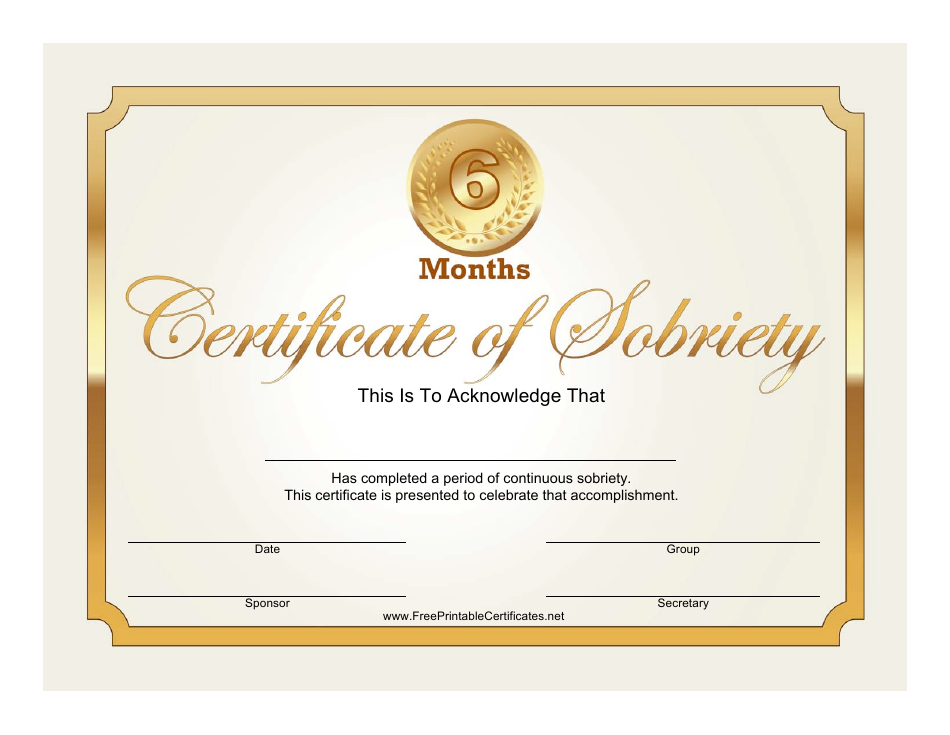 Golden 6 Months Certificate of Sobriety Template