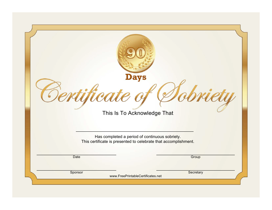 Golden 90 Days Sobriety Certificate Template Preview