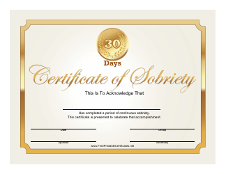 &quot;30 Days Gold Certificate of Sobriety Template&quot;