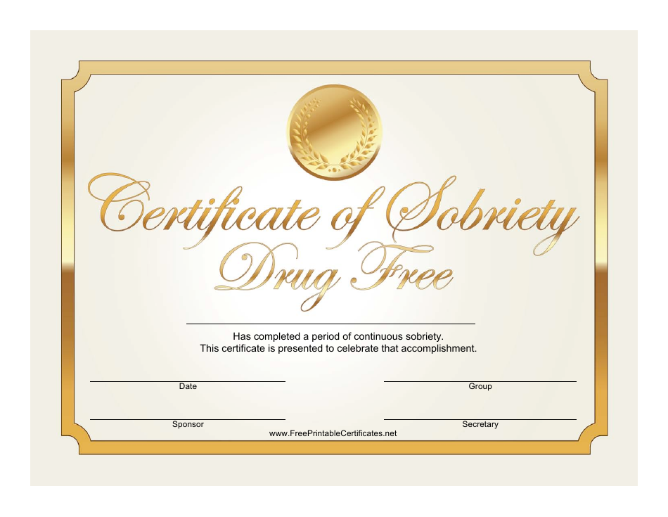 Drug Free Gold Certificate of Sobriety Template Download Printable PDF