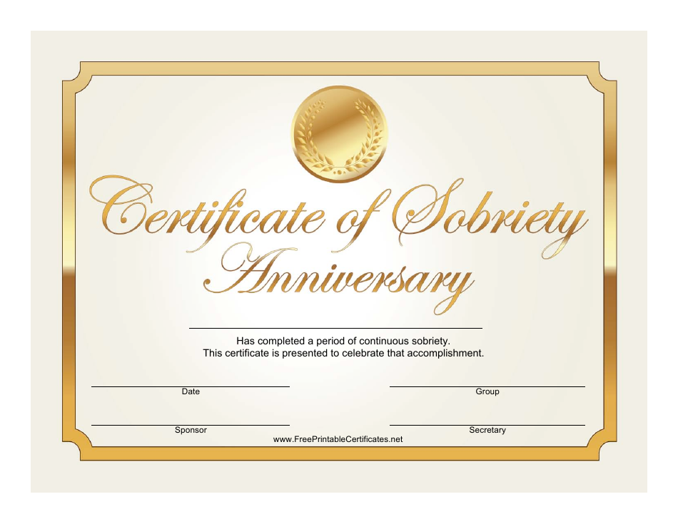 Anniversary Gold Certificate of Sobriety Template - Elegant Design