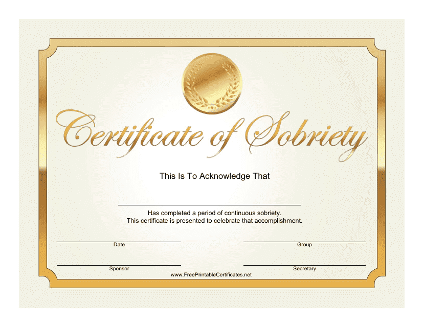 Golden Certificate of Sobriety Template - Preview