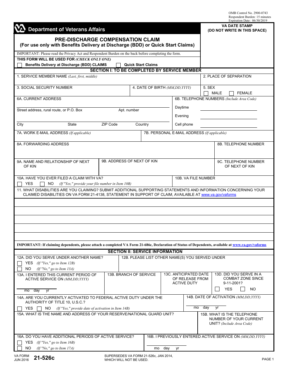 VA Form 21-526C Pre-discharge Compensation Claim, Page 1