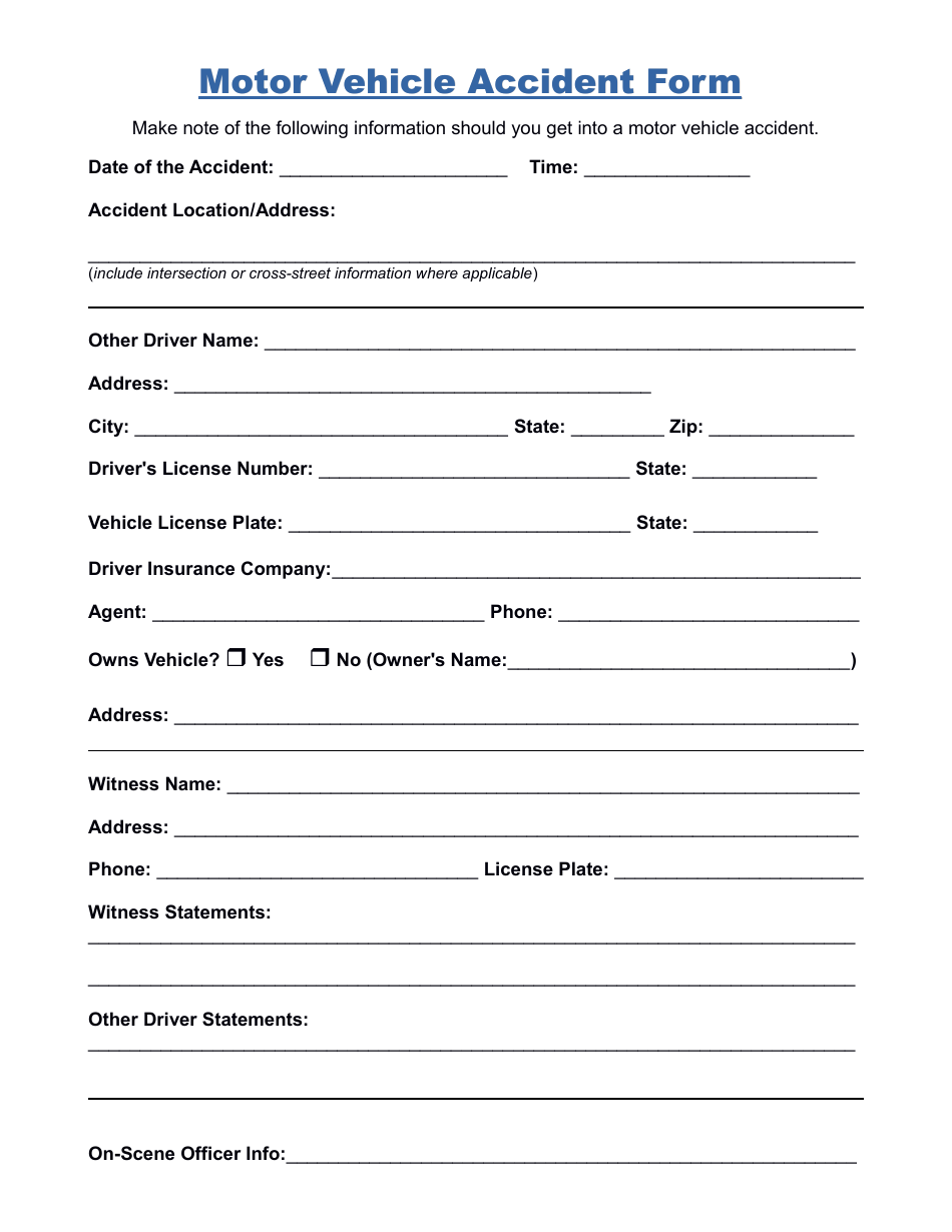 Motor Vehicle Accident Form Fill Out, Sign Online and Download PDF