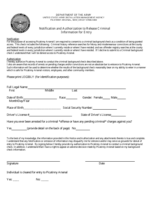 Notification and Authorization to Release Criminal Information for Entry