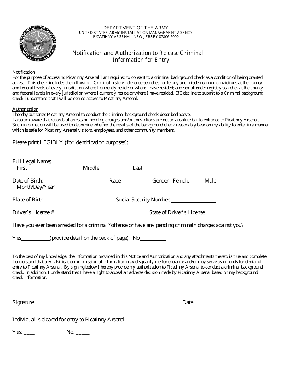 Notification and Authorization to Release Criminal Information for Entry, Page 1