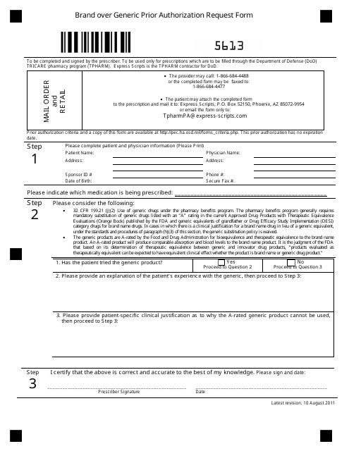 Form 5613 Brand Over Generic Prior Authorization Request Form
