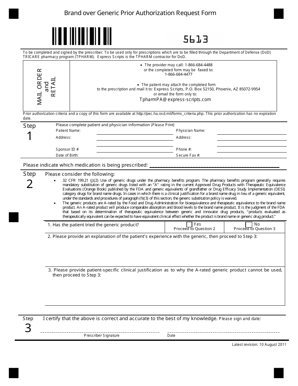 Form 5613 Brand Over Generic Prior Authorization Request Form, Page 1